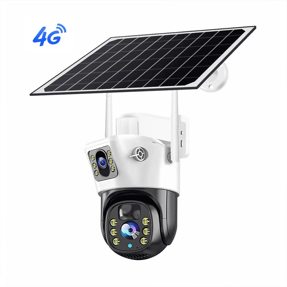 Solar Power Outdoor Dual lens 4G SIM PTA Approved police light Security Camera Built-In-Battery Back Up