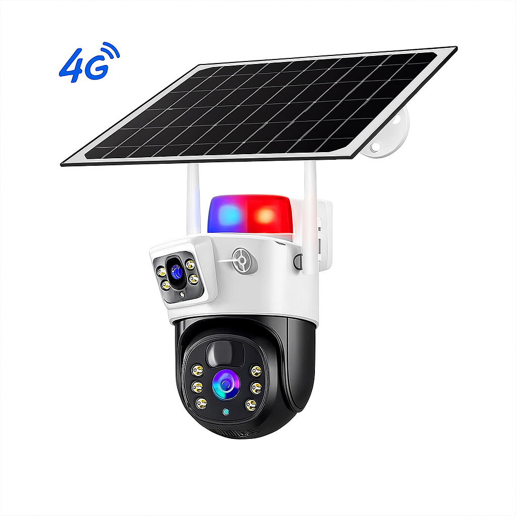 Solar Power Outdoor Dual lens 4G SIM PTA Approved police light Security Camera Built-In-Battery Back Up