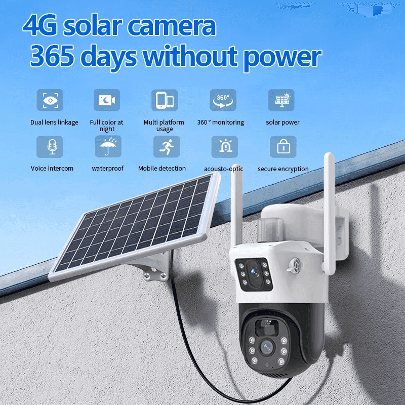 Solar Power Outdoor Dual lens 4G SIM PTA Approved police light Security Camera Built-In-Battery Back Up