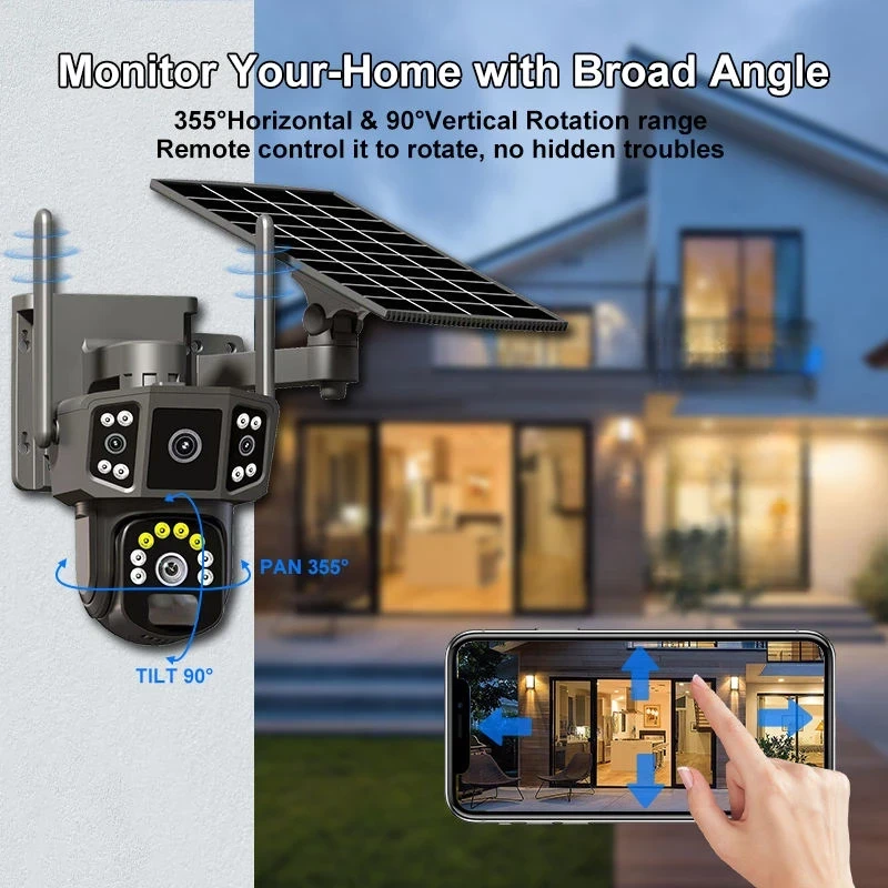 3 ( Triple ) lens Solar Power Outdoor Wifi Security Camera Built-In-Battery Back Up