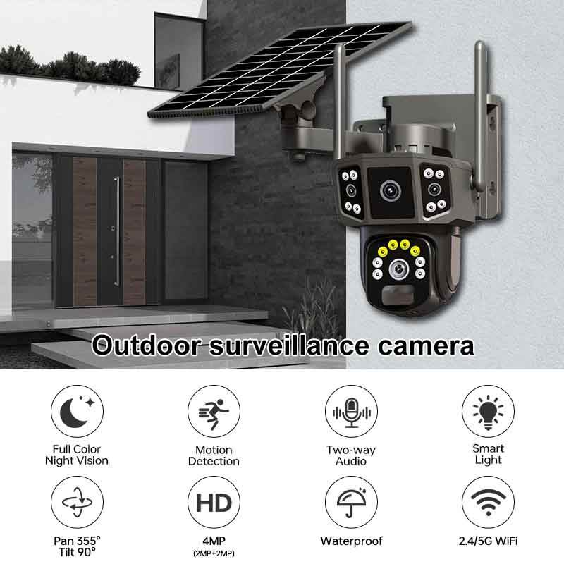 3 ( Triple ) lens Solar Power Outdoor Wifi Security Camera Built-In-Battery Back Up