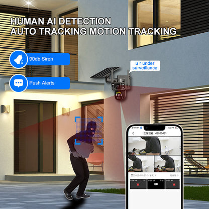3 ( Triple ) lens Solar Power Outdoor Wifi Security Camera Built-In-Battery Back Up