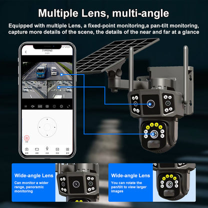3 ( Triple ) lens Solar Power Outdoor Wifi Security Camera Built-In-Battery Back Up