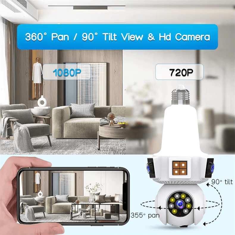 360° Indoor Bulb holder Lamp ( TRIPLE ) 3 Lens WiFi Security Camera